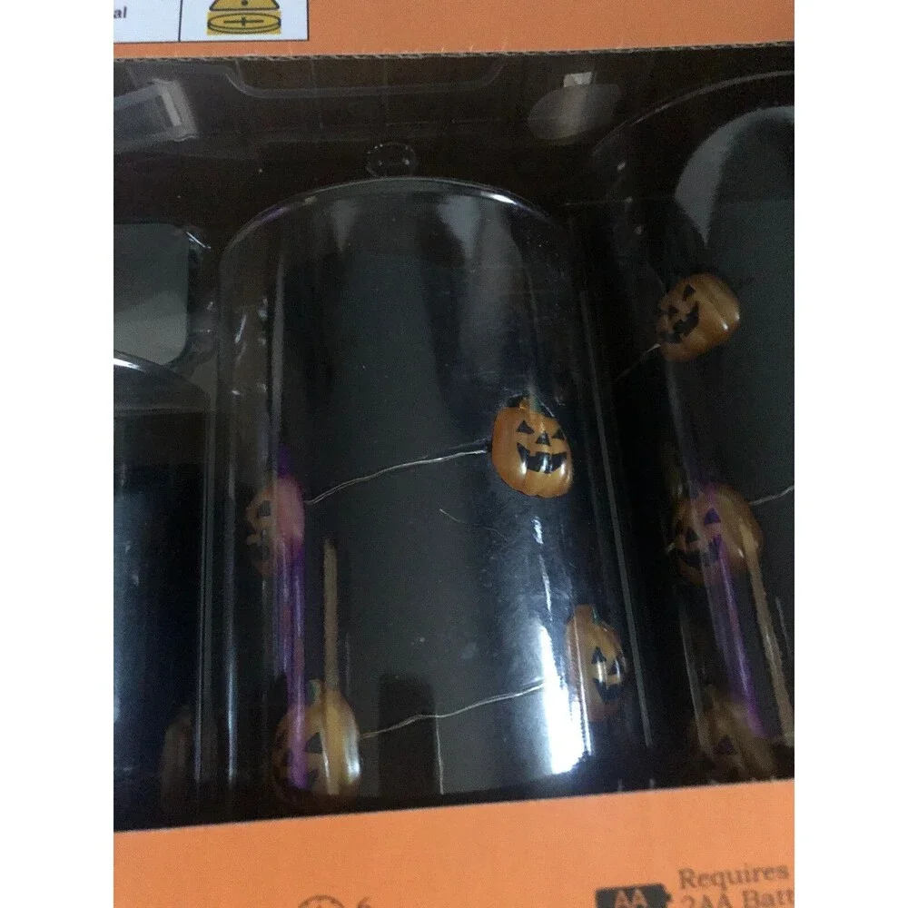Halloween Flameless Candles Set of 3 Real Wax Remote Blinks Pumpkins Black